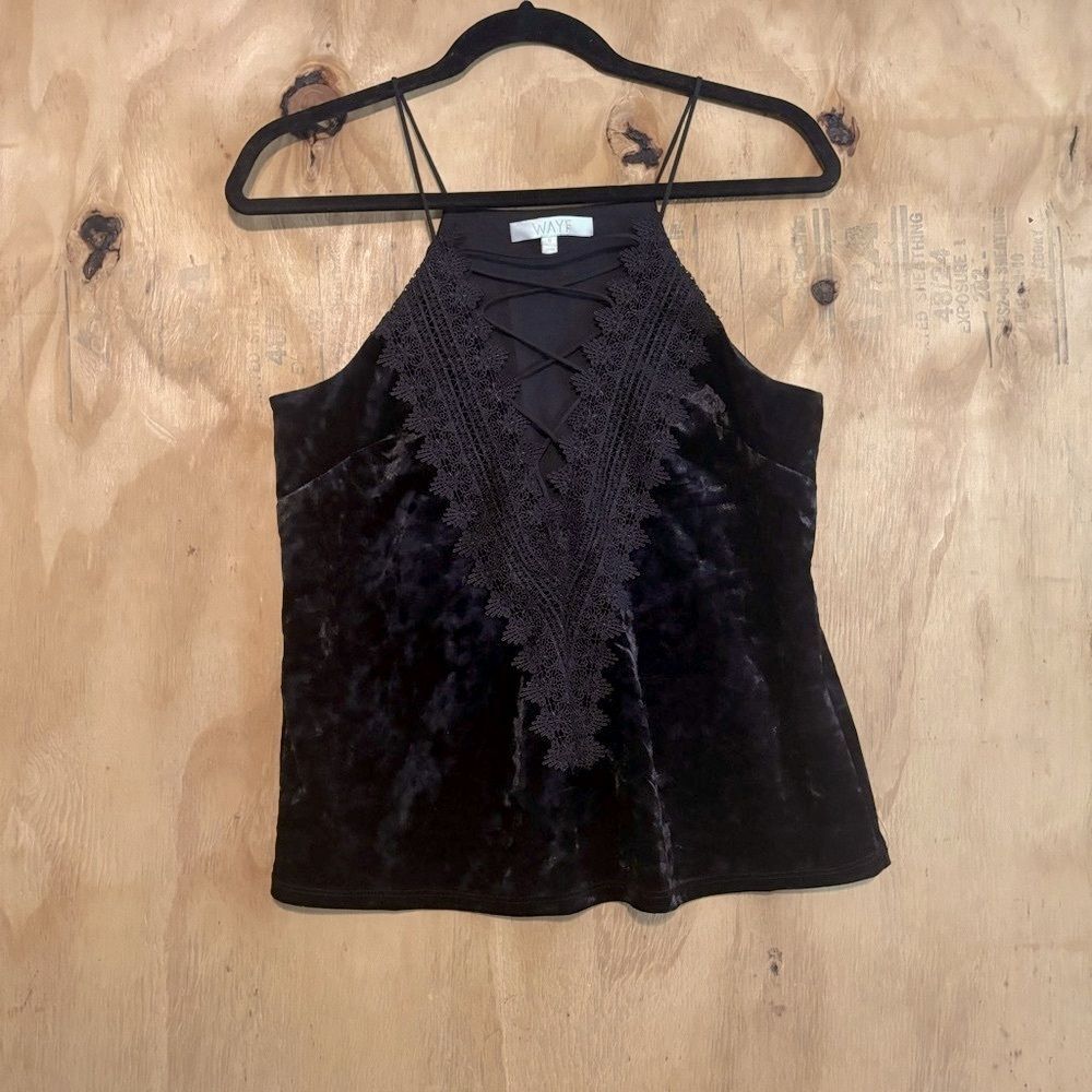 Wayf Black Velvet Lace Front Tank Top Sz 8